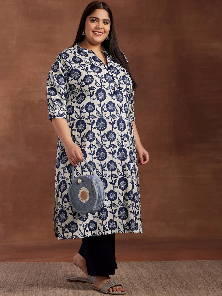 Plus Size Blue Printed Cotton Kurta