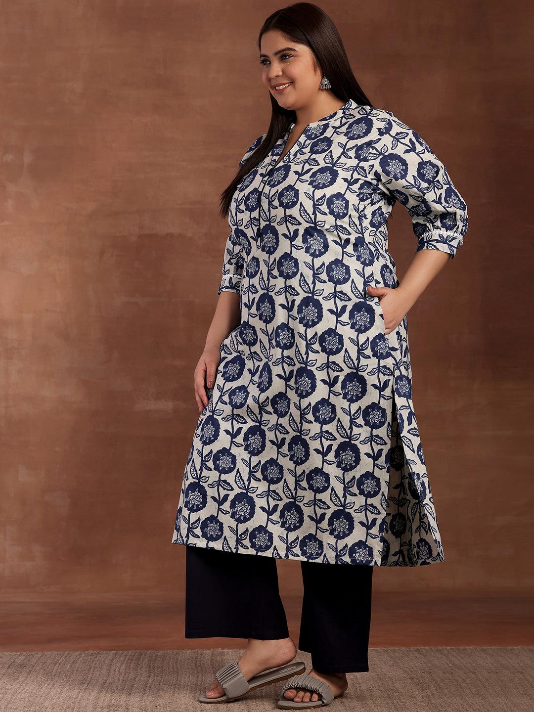 Plus Size Blue Printed Cotton Kurta
