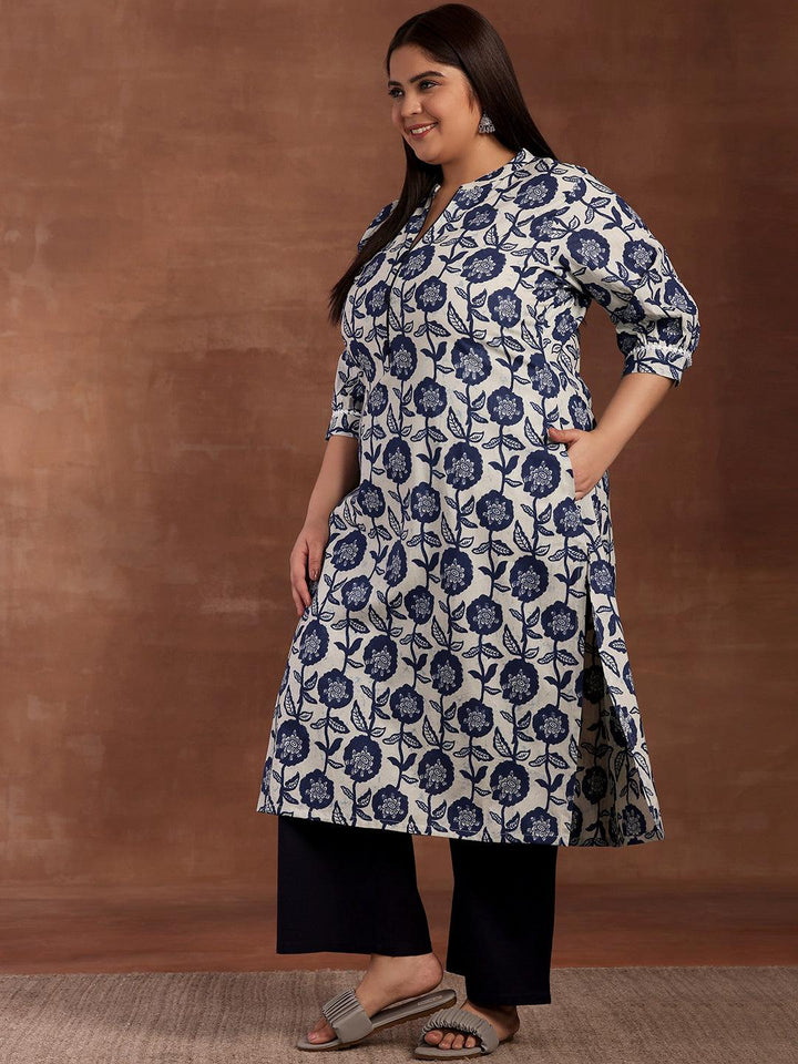 Plus Size Blue Printed Cotton Kurta