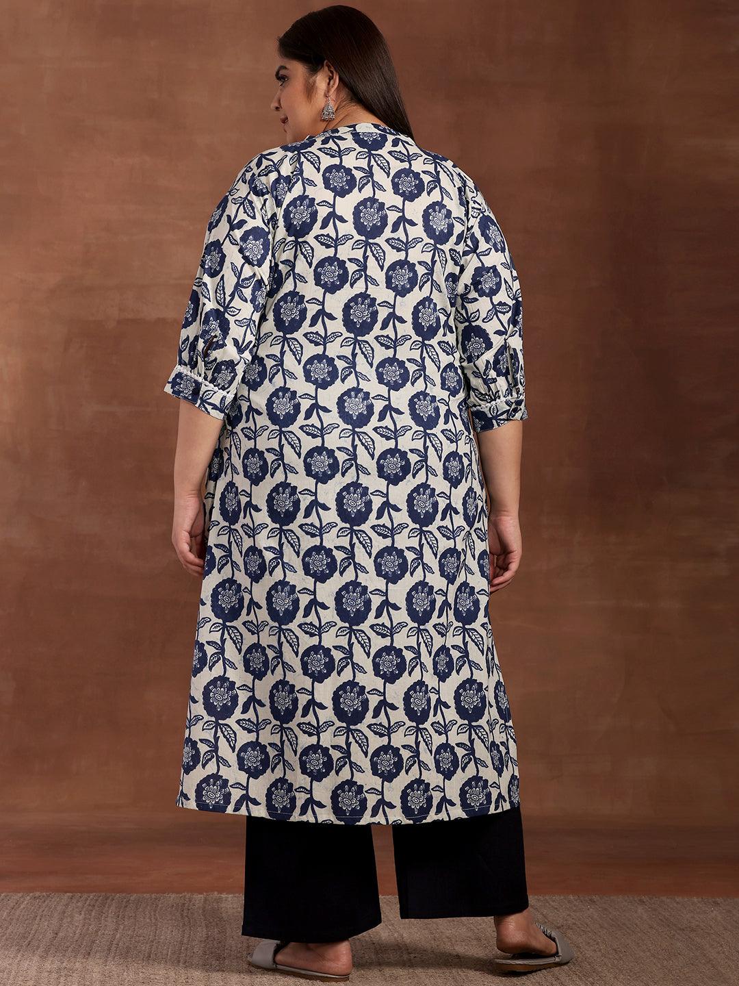 Plus Size Blue Printed Cotton Kurta