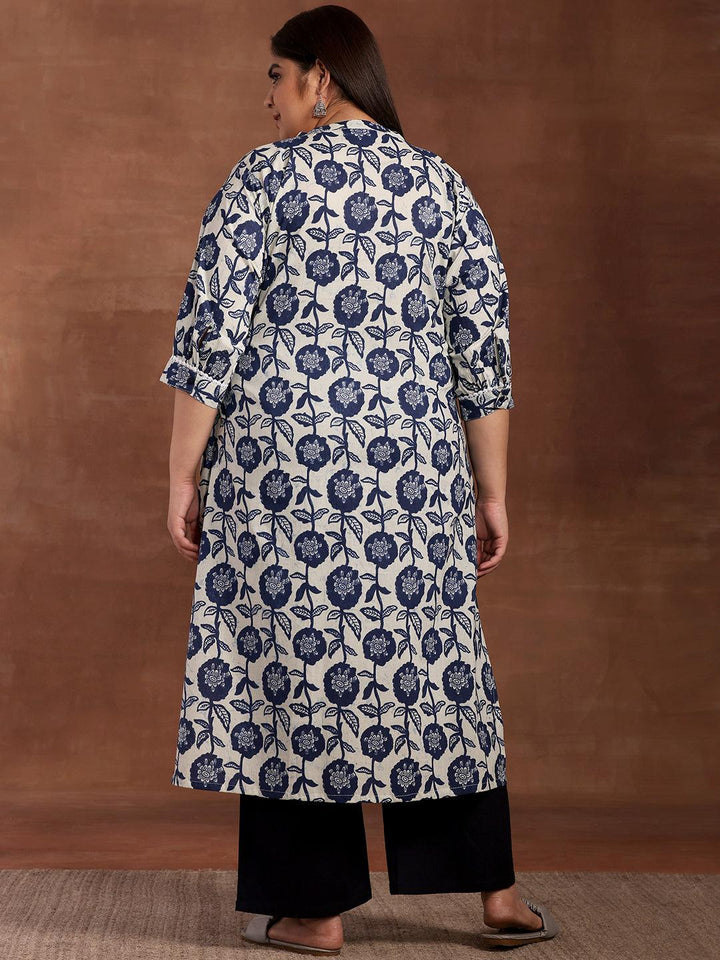 Plus Size Blue Printed Cotton Kurta