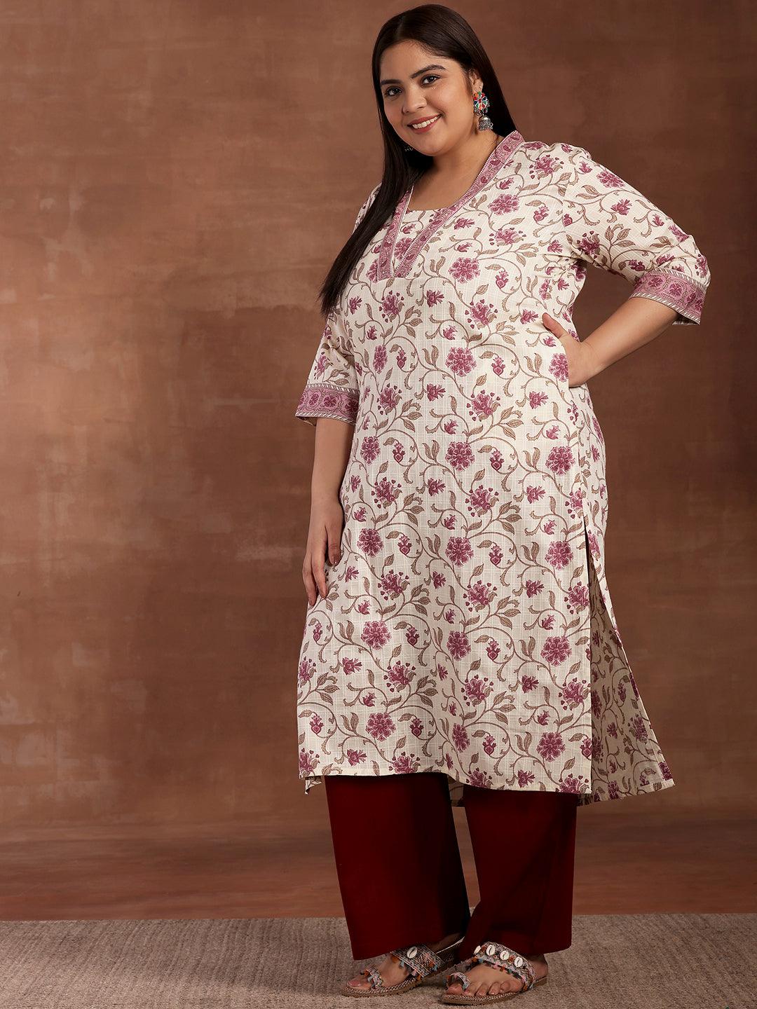 Plus Size Off White Printed Cotton Kurta