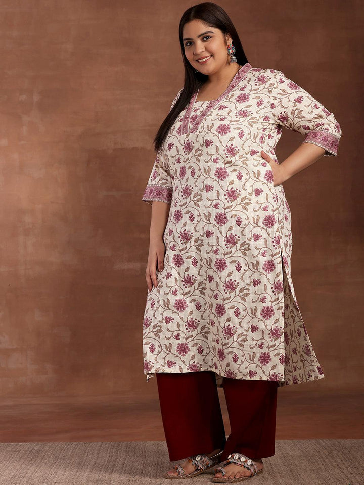 Plus Size Off White Printed Cotton Kurta