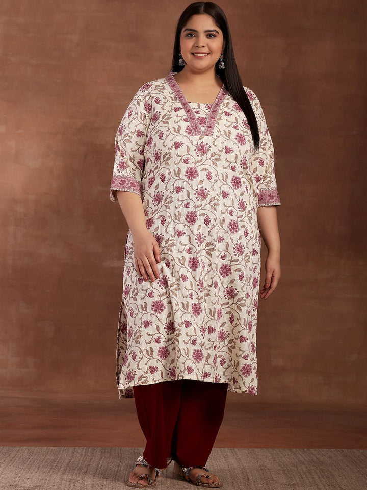 Plus Size Off White Printed Cotton Kurta
