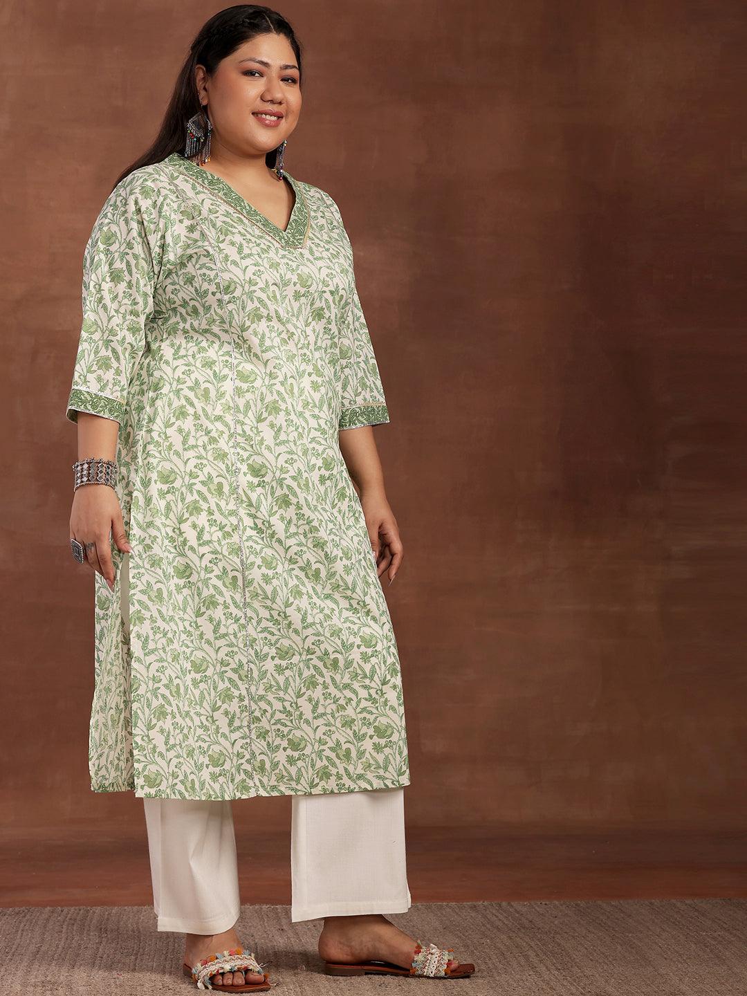 Plus Size Green Printed Cotton Kurta