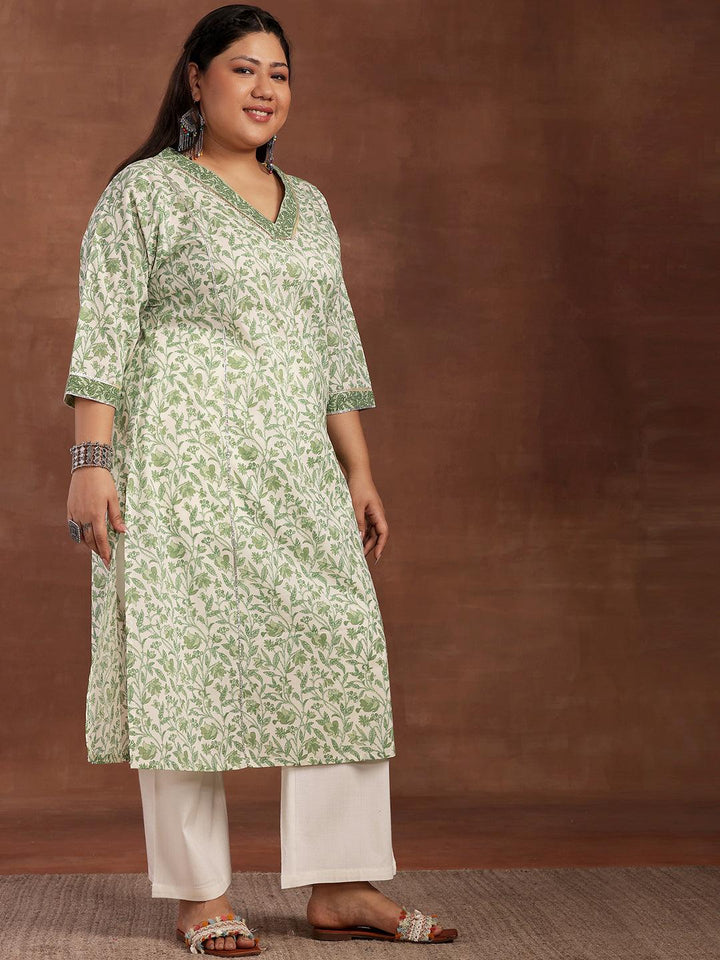 Plus Size Green Printed Cotton Kurta