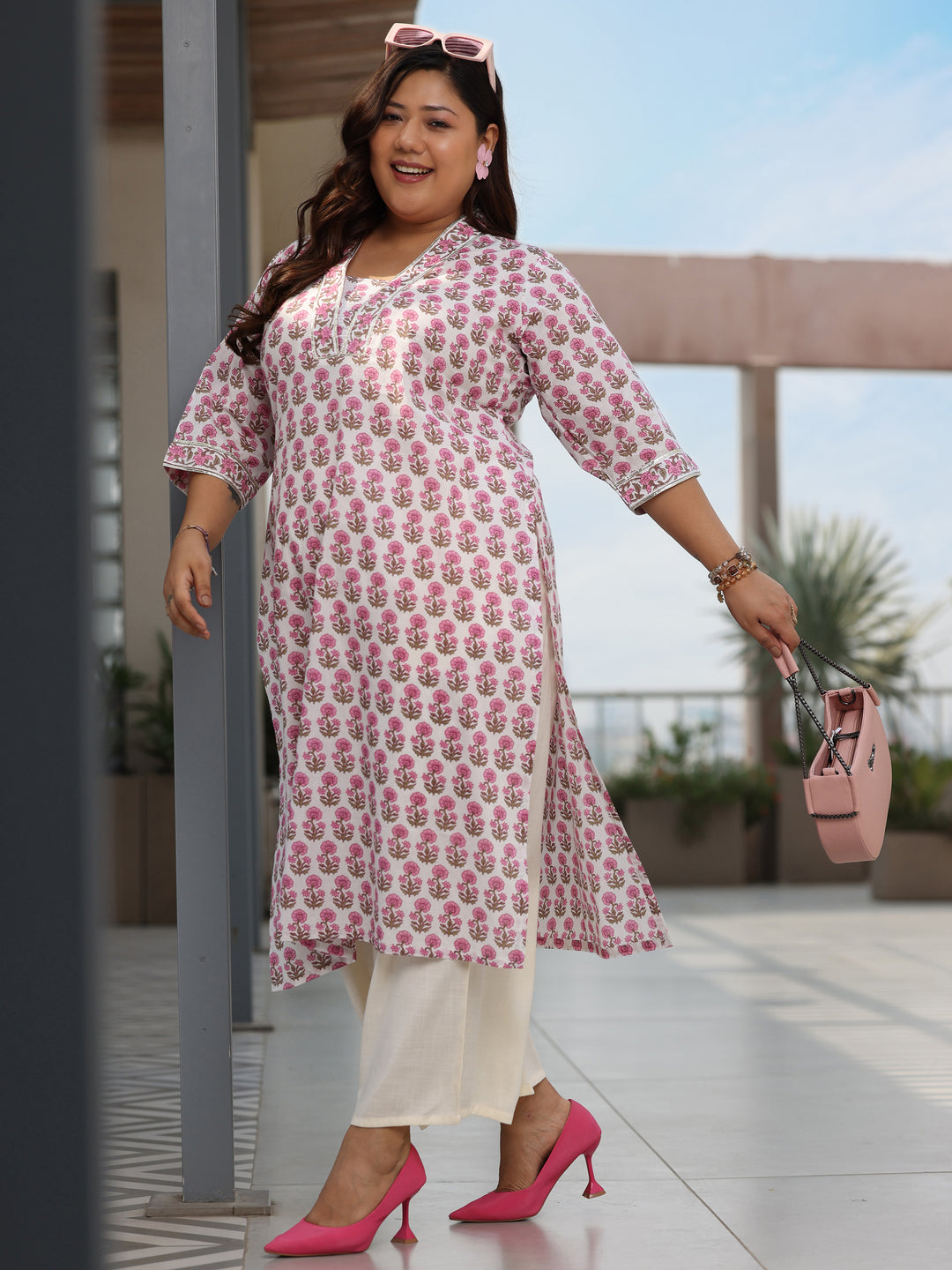 Plus Size Off White Printed Cotton Straight Kurta