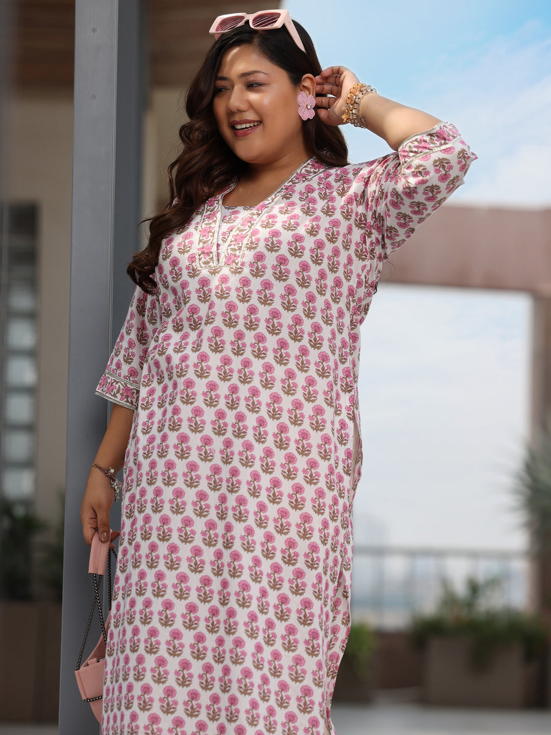Plus Size Off White Printed Cotton Straight Kurta