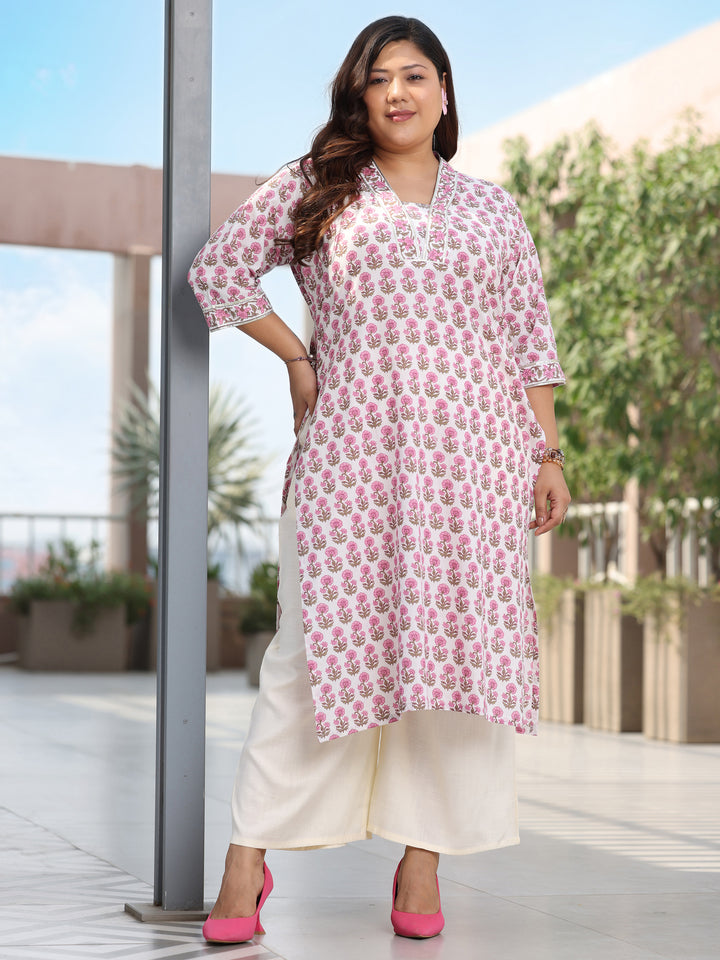 Plus Size Off White Printed Cotton Straight Kurta