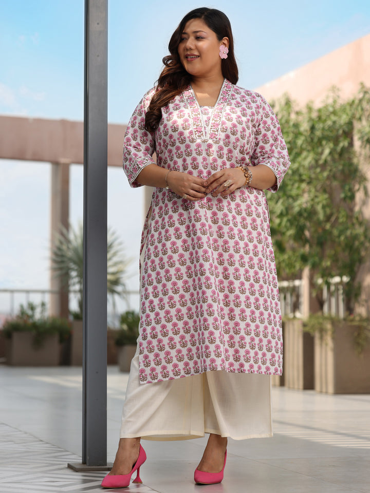 Plus Size Off White Printed Cotton Straight Kurta