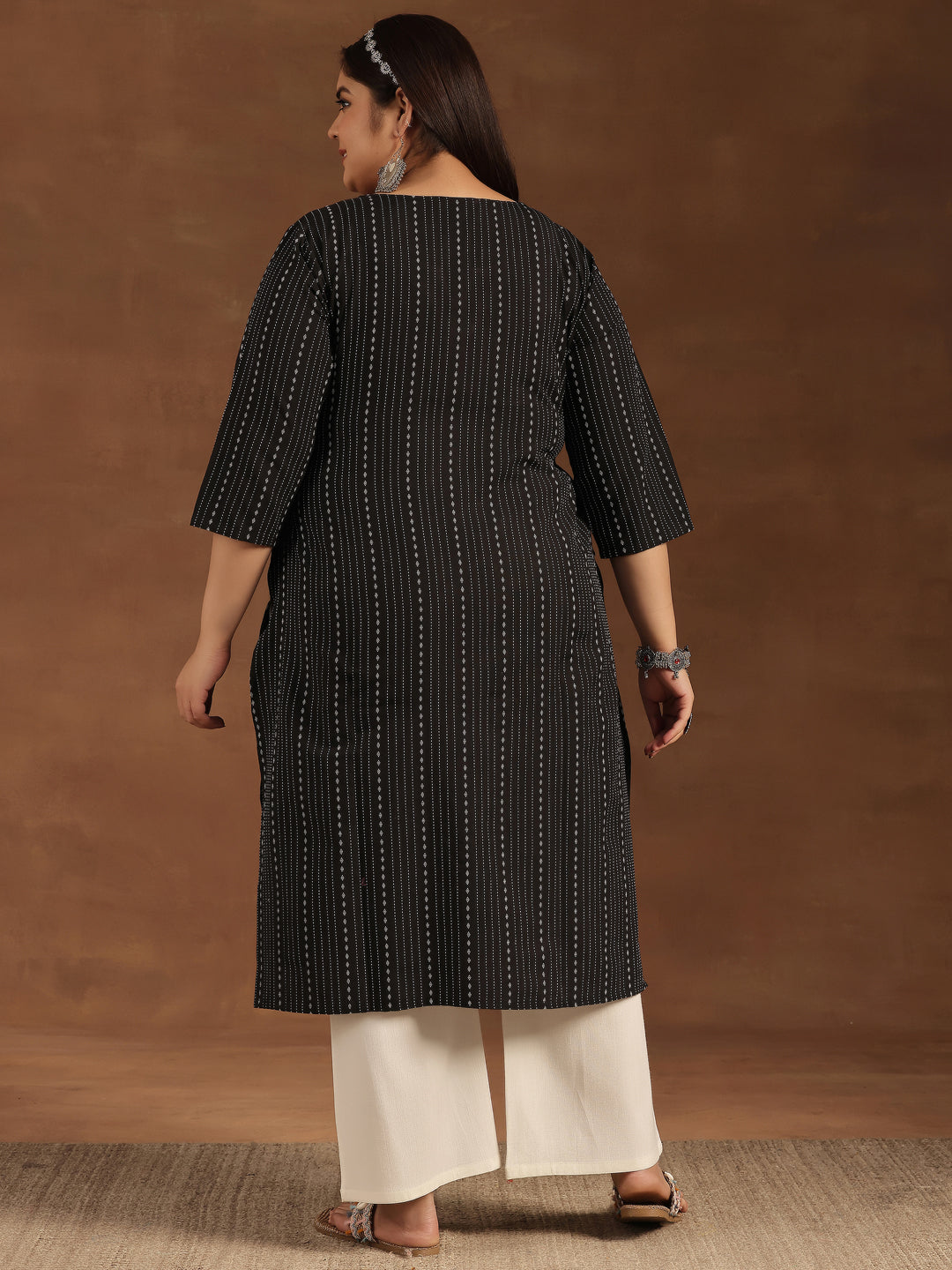 Plus Size Black Printed Cotton Straight Kurta