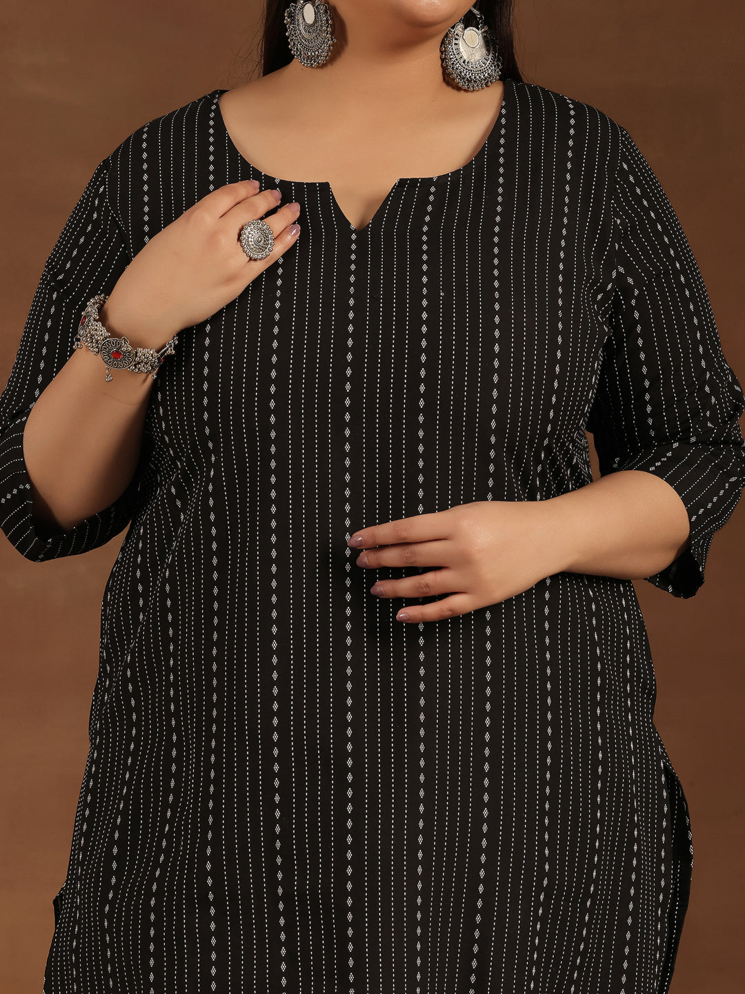 Plus Size Black Printed Cotton Straight Kurta