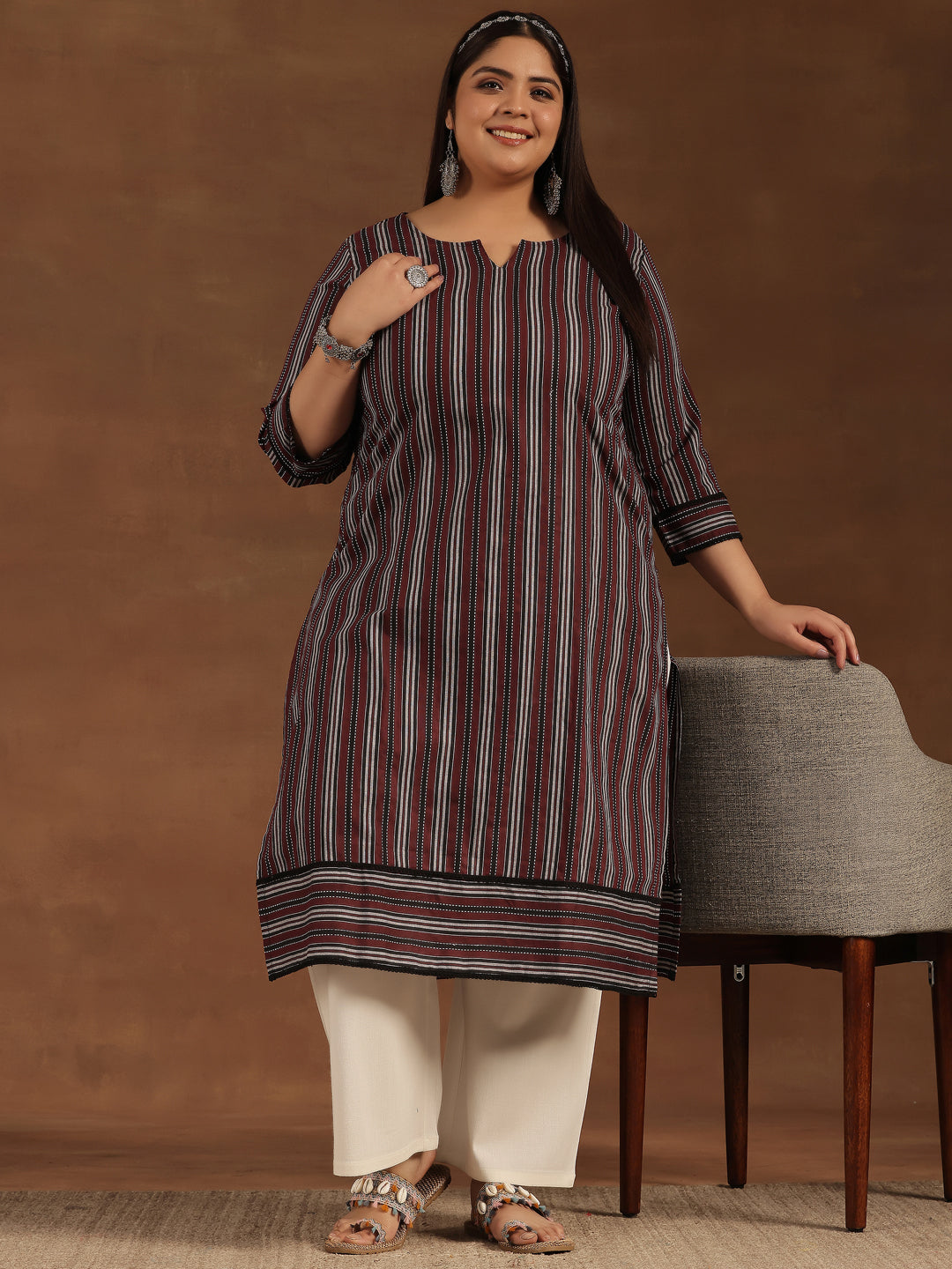 Plus Size Maroon Printed Cotton Straight Kurta