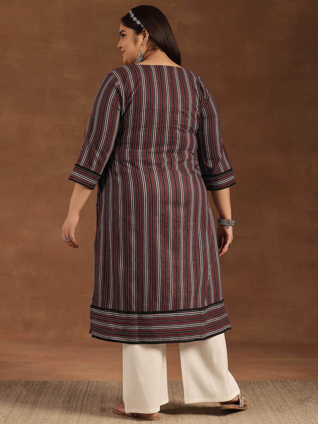 Plus Size Maroon Printed Cotton Straight Kurta