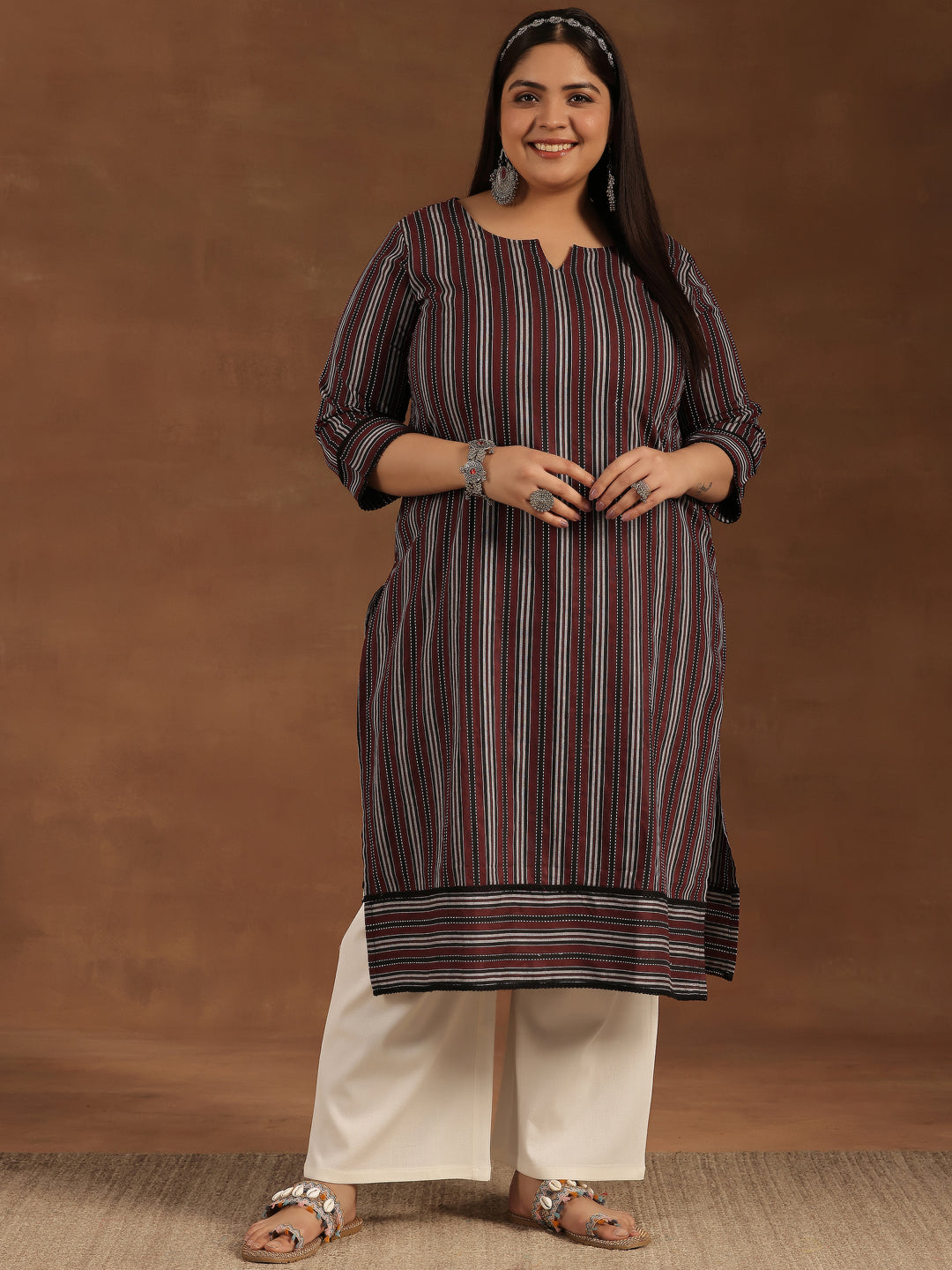 Plus Size Maroon Printed Cotton Straight Kurta