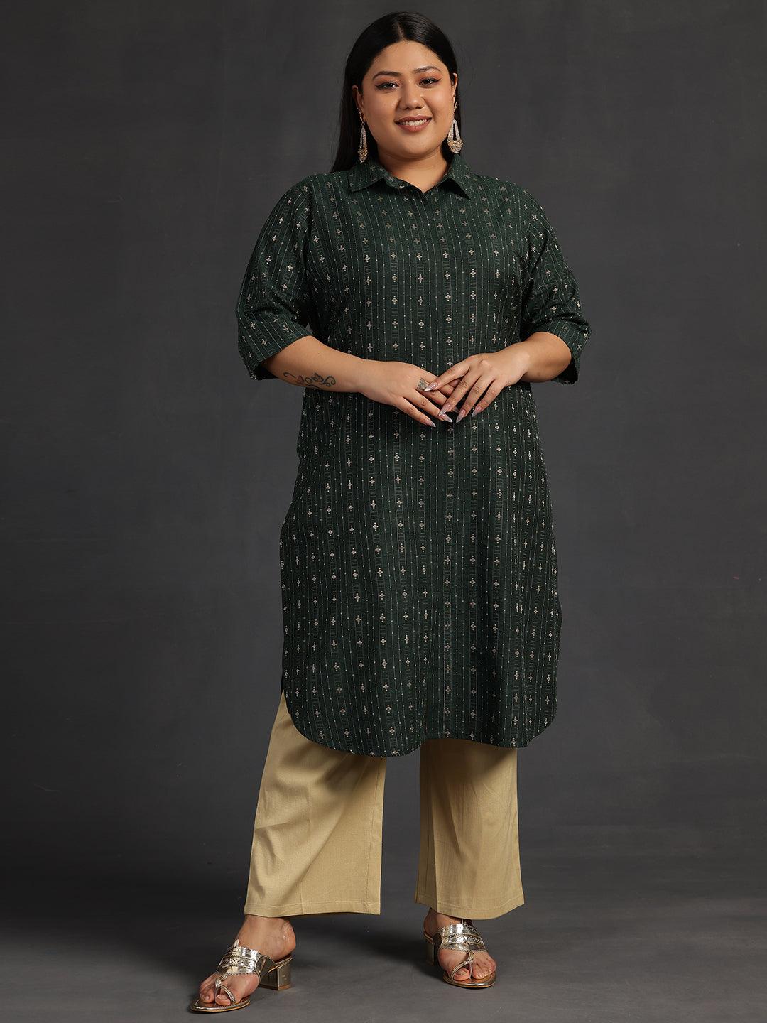 Plus Size Green Woven Design Cotton Straight Kurta