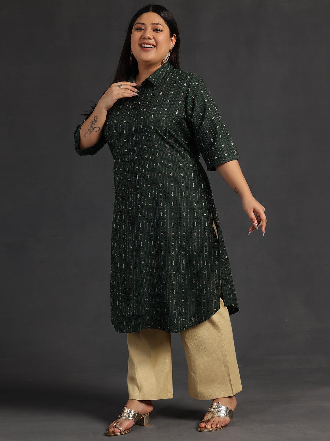 Plus Size Green Woven Design Cotton Straight Kurta