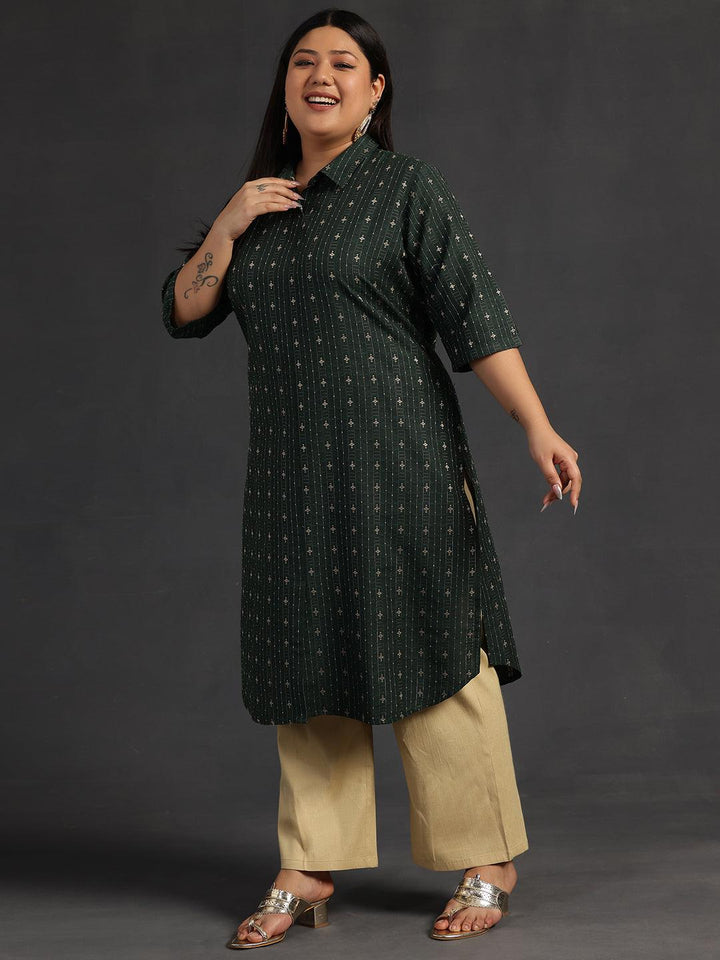 Plus Size Green Woven Design Cotton Straight Kurta