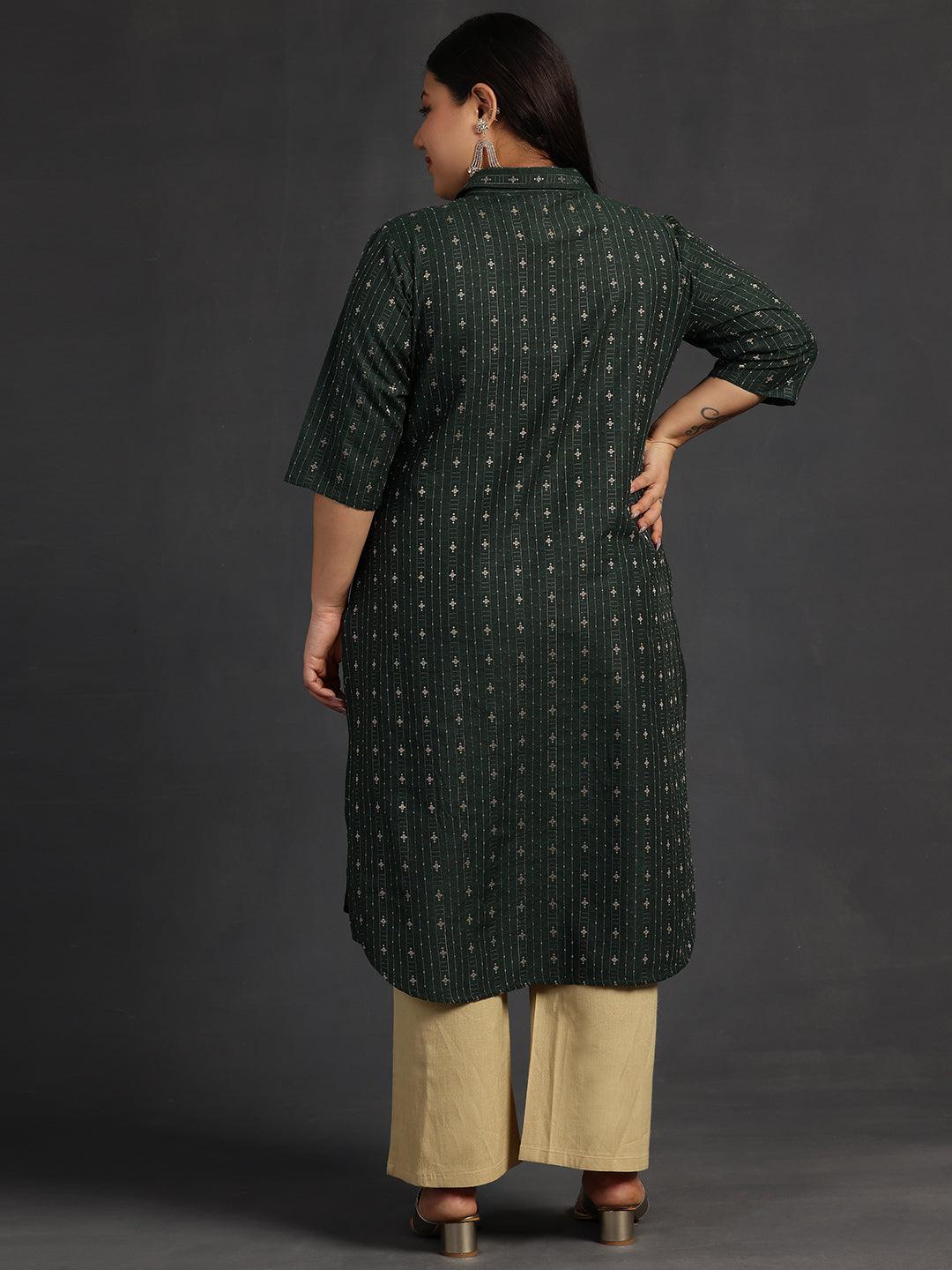 Plus Size Green Woven Design Cotton Straight Kurta