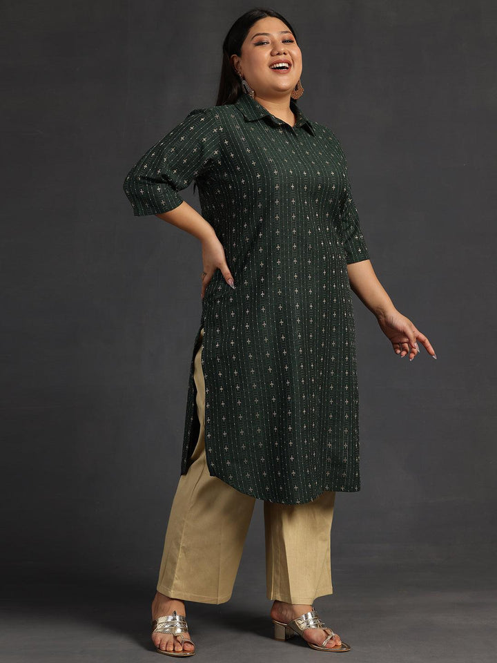 Plus Size Green Woven Design Cotton Straight Kurta