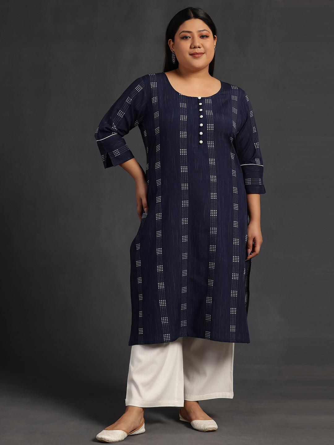 Plus Size Blue Woven Design Cotton Straight Kurta