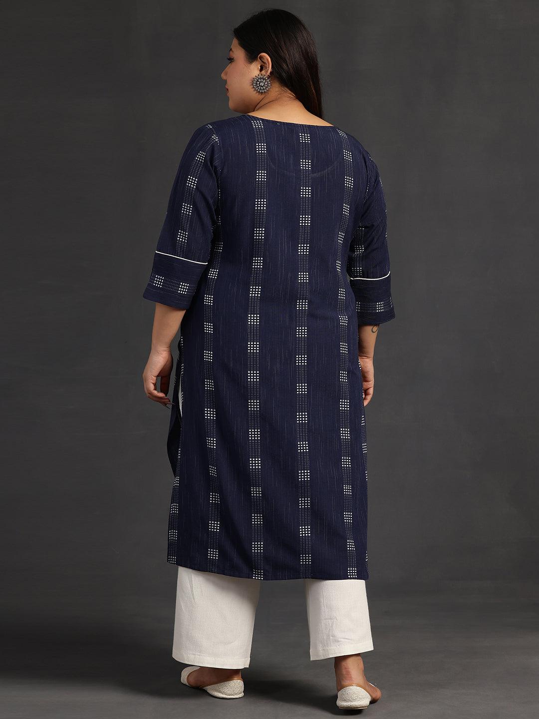 Plus Size Blue Woven Design Cotton Straight Kurta