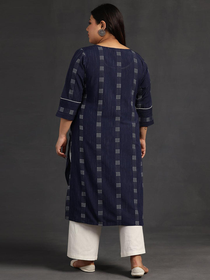 Plus Size Blue Woven Design Cotton Straight Kurta