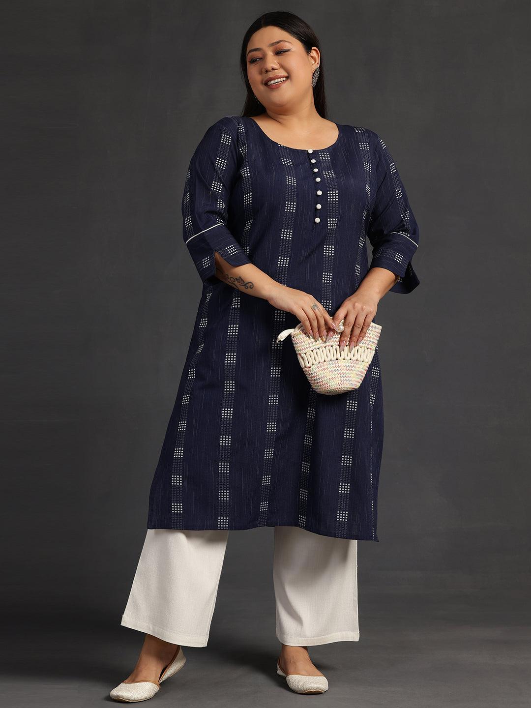 Plus Size Blue Woven Design Cotton Straight Kurta