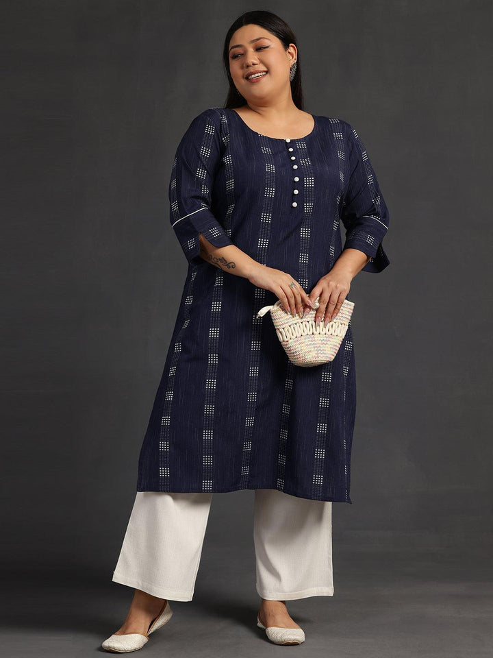 Plus Size Blue Woven Design Cotton Straight Kurta