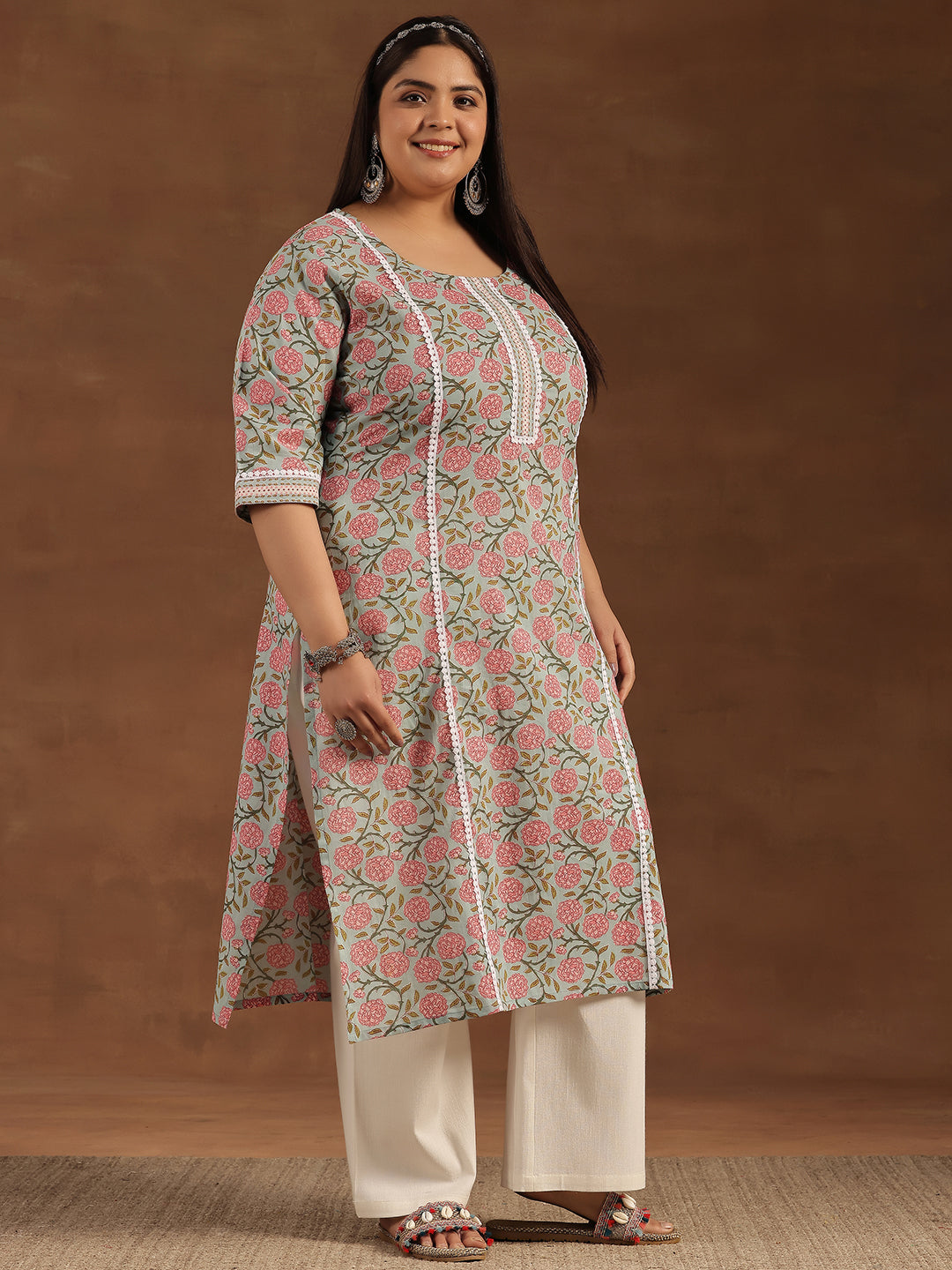 Plus Size Blue Printed Cotton Straight Kurta