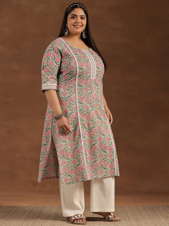 Plus Size Blue Printed Cotton Straight Kurta