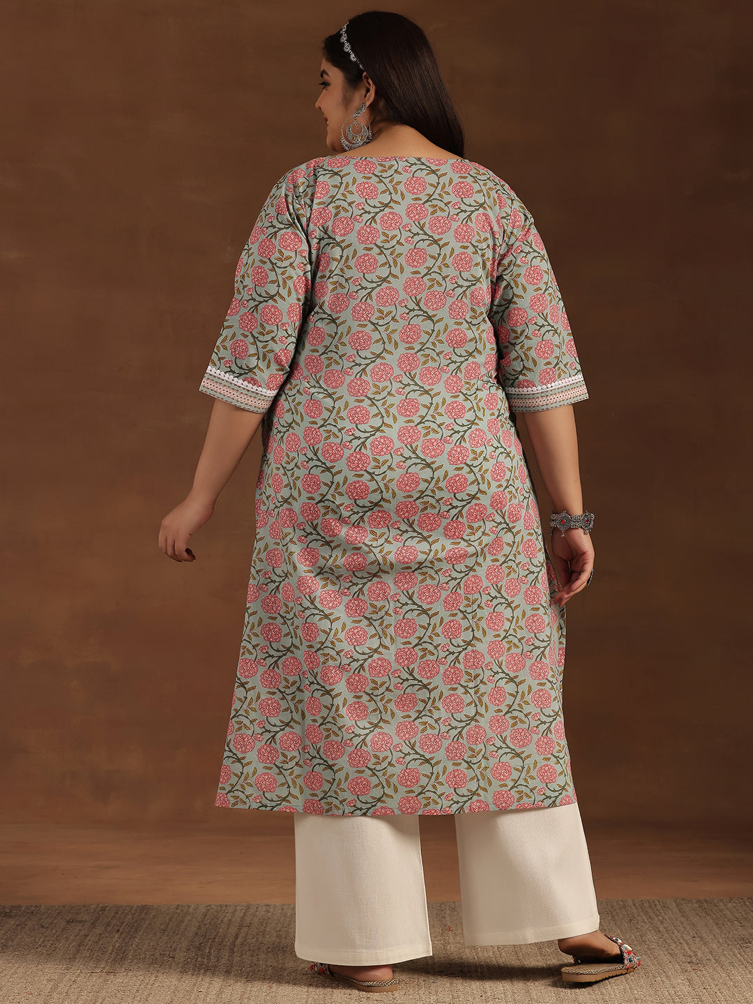 Plus Size Blue Printed Cotton Straight Kurta