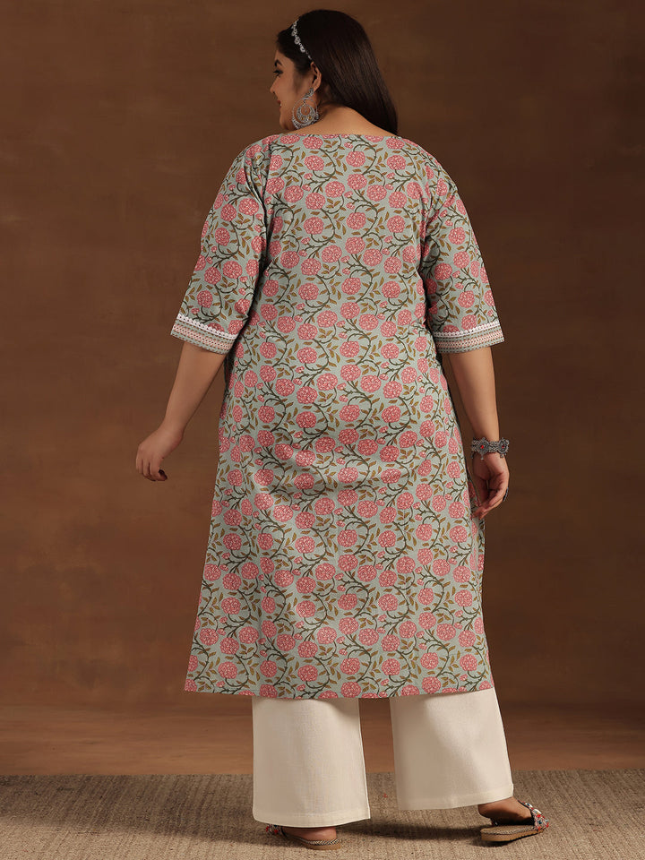 Plus Size Blue Printed Cotton Straight Kurta