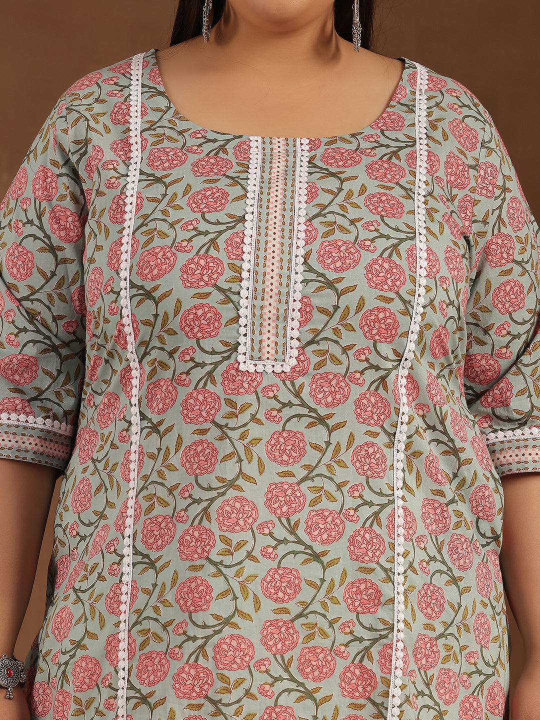 Plus Size Blue Printed Cotton Straight Kurta
