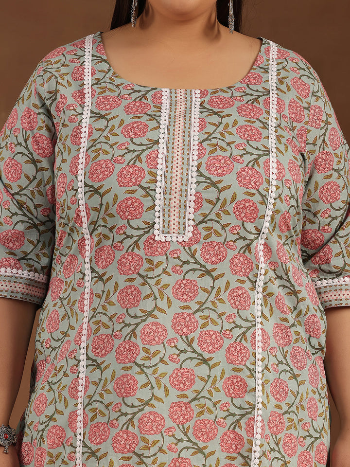 Plus Size Blue Printed Cotton Straight Kurta