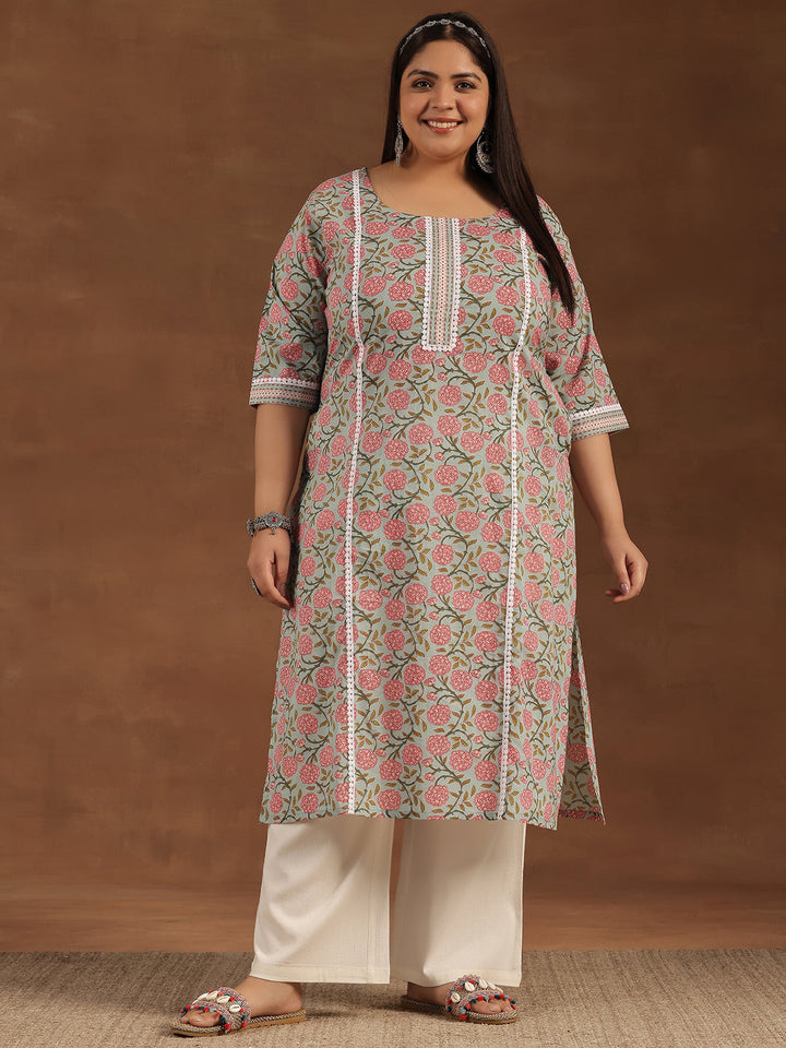 Plus Size Blue Printed Cotton Straight Kurta