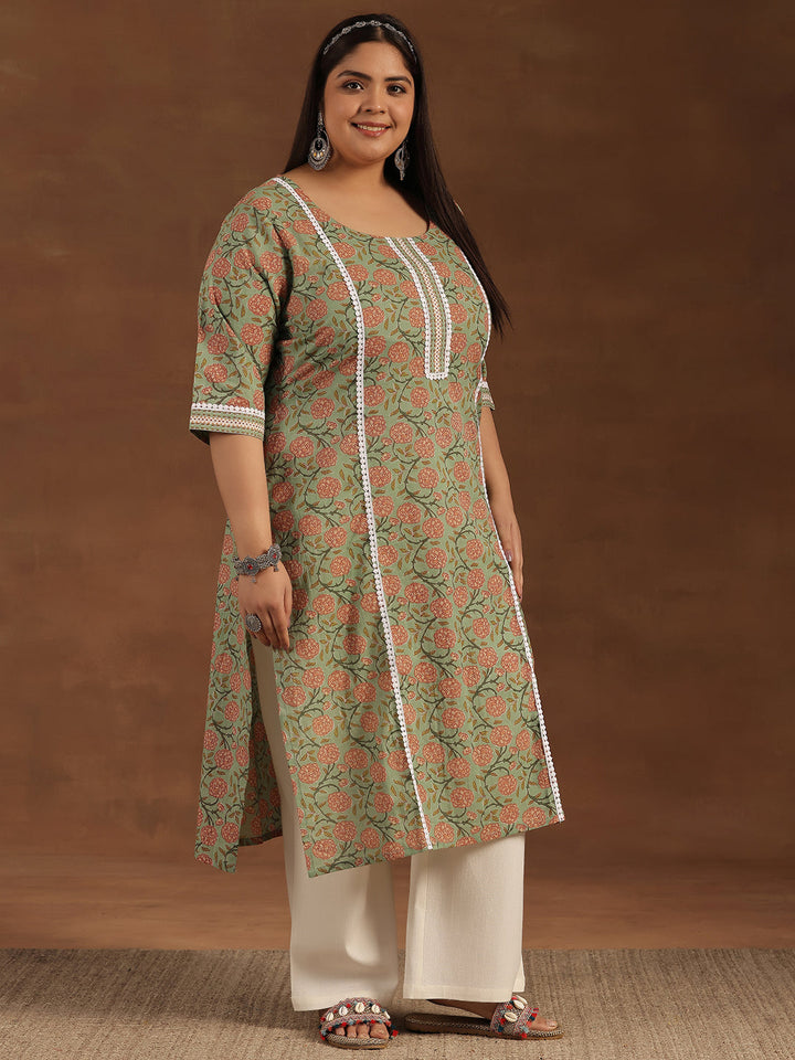 Plus Size Green Printed Cotton Straight Kurta