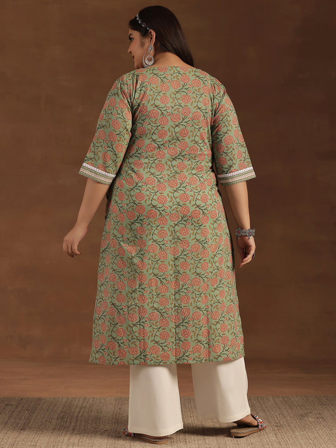Plus Size Green Printed Cotton Straight Kurta