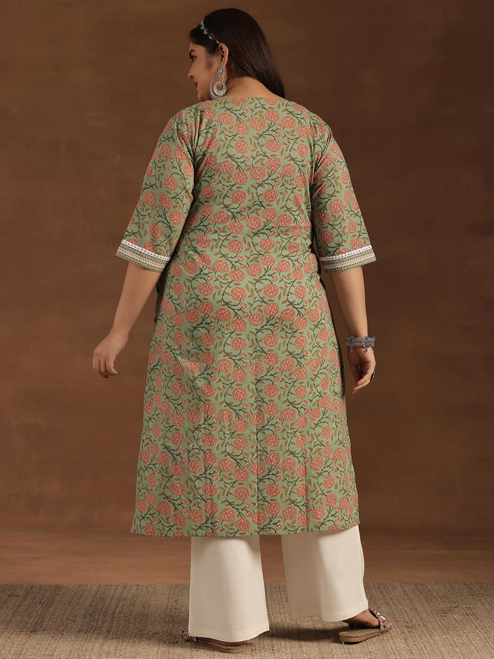 Plus Size Green Printed Cotton Straight Kurta