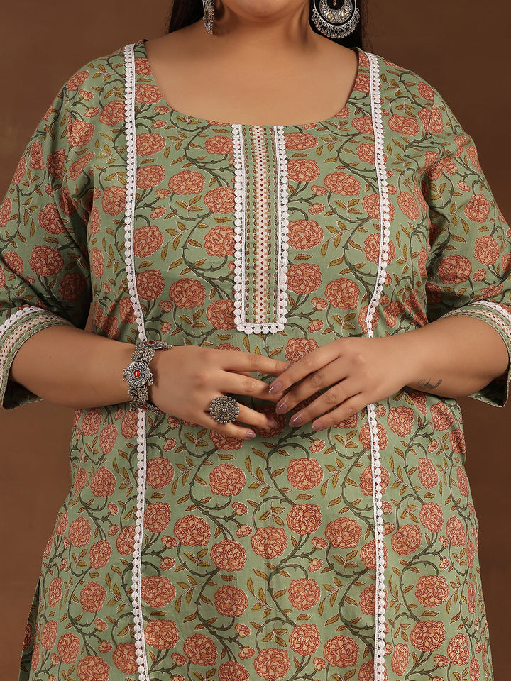 Plus Size Green Printed Cotton Straight Kurta