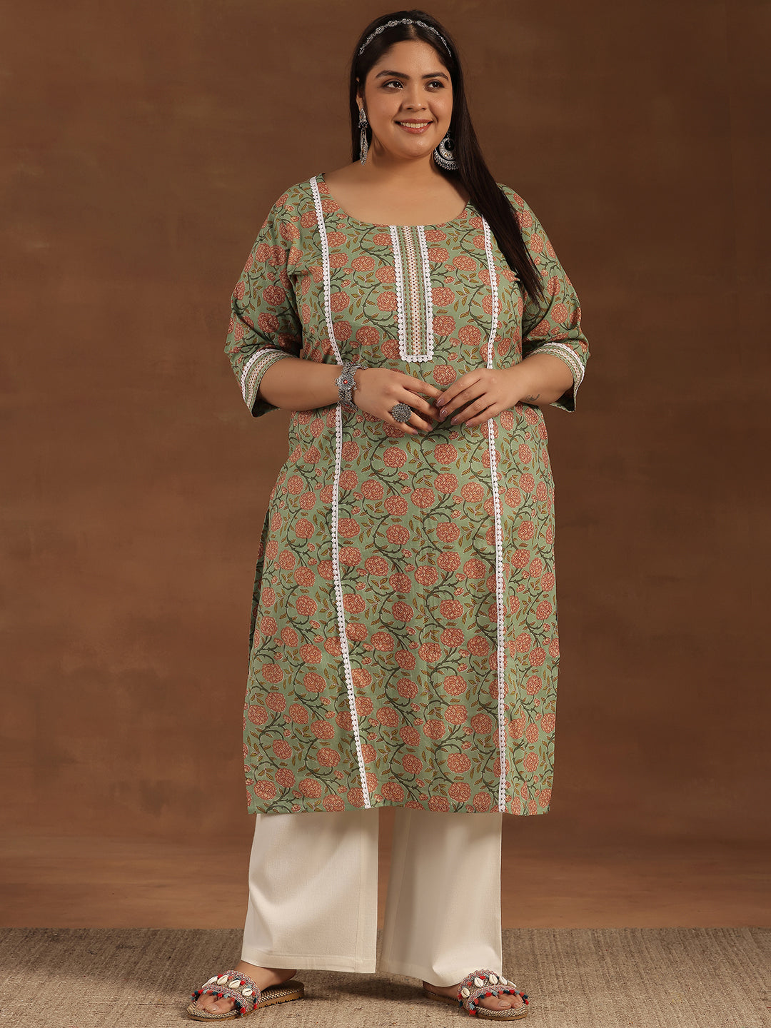 Plus Size Green Printed Cotton Straight Kurta