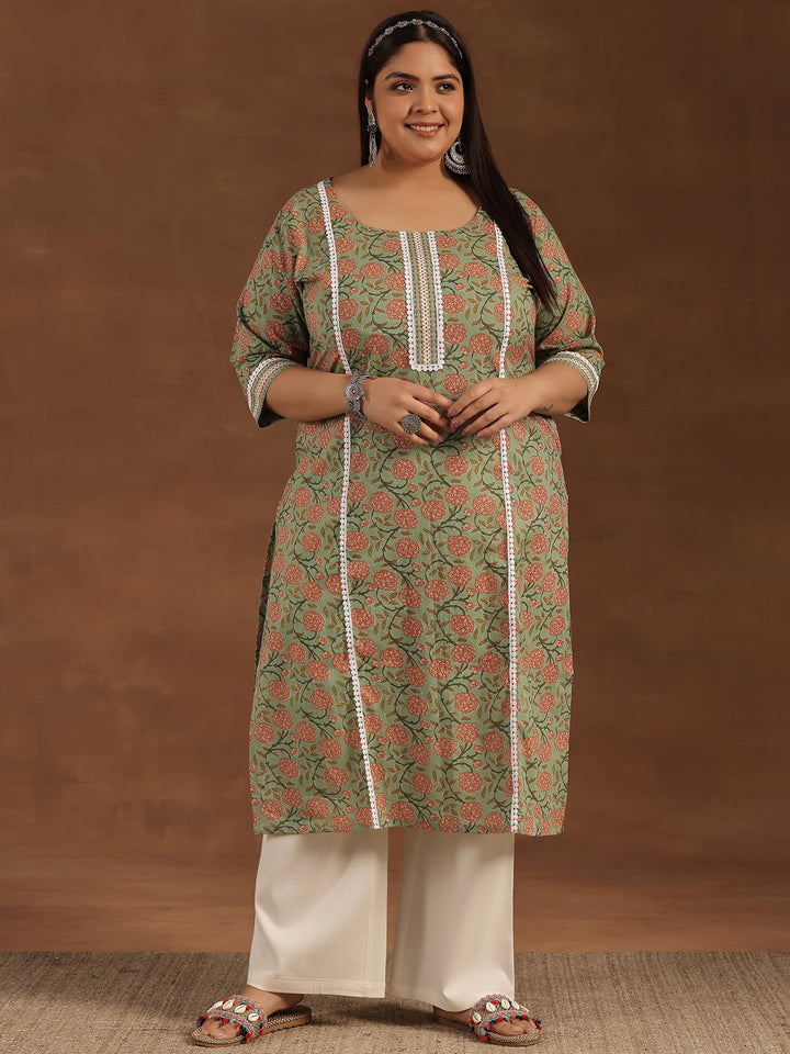 Plus Size Green Printed Cotton Straight Kurta