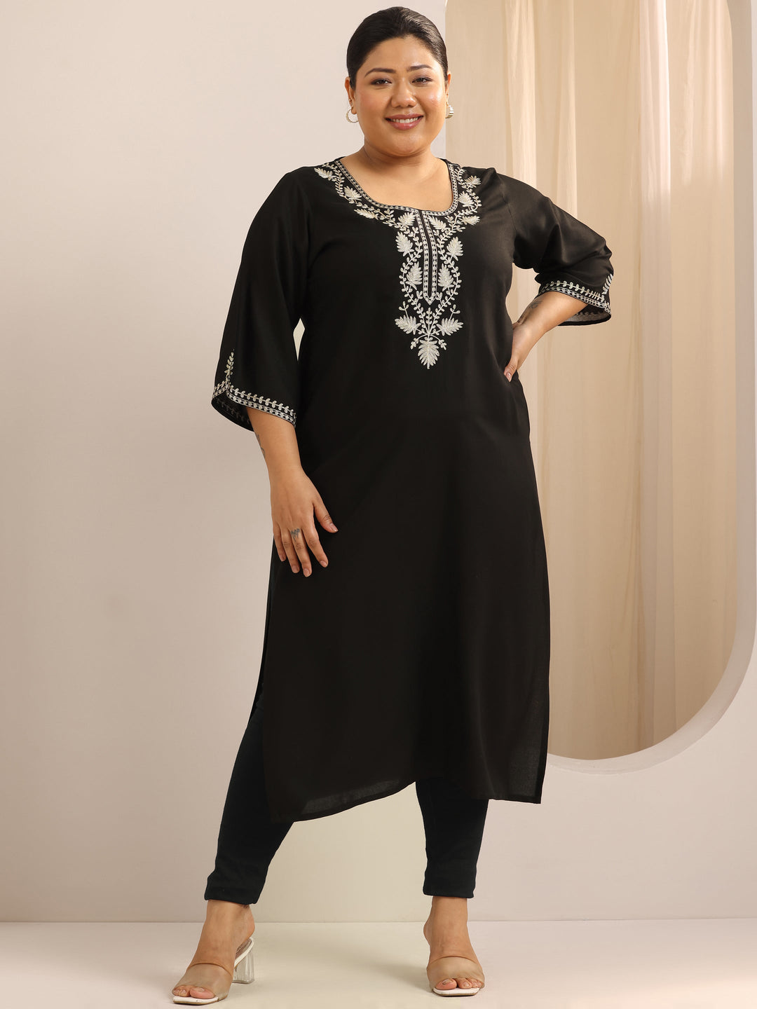 Plus Size Black Printed Rayon Straight Kurta