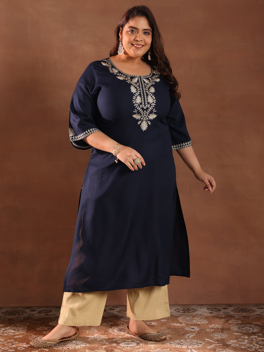 Plus Size Blue Yoke Design Rayon Kurta