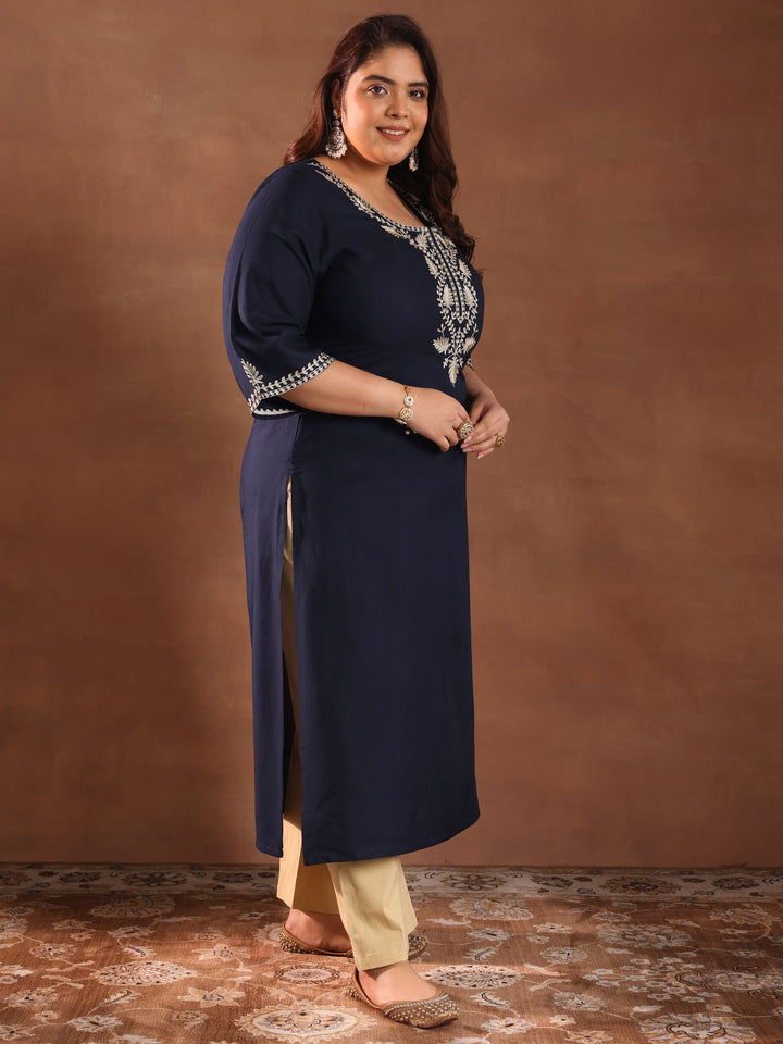 Plus Size Blue Yoke Design Rayon Kurta