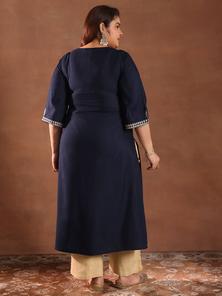 Plus Size Blue Yoke Design Rayon Kurta