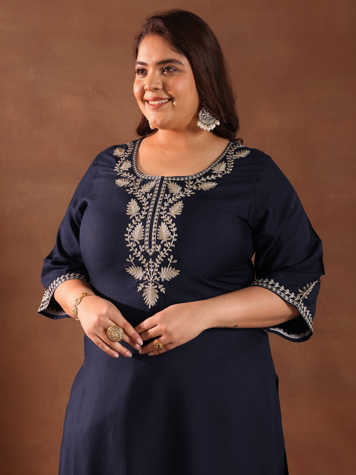 Plus Size Blue Yoke Design Rayon Kurta