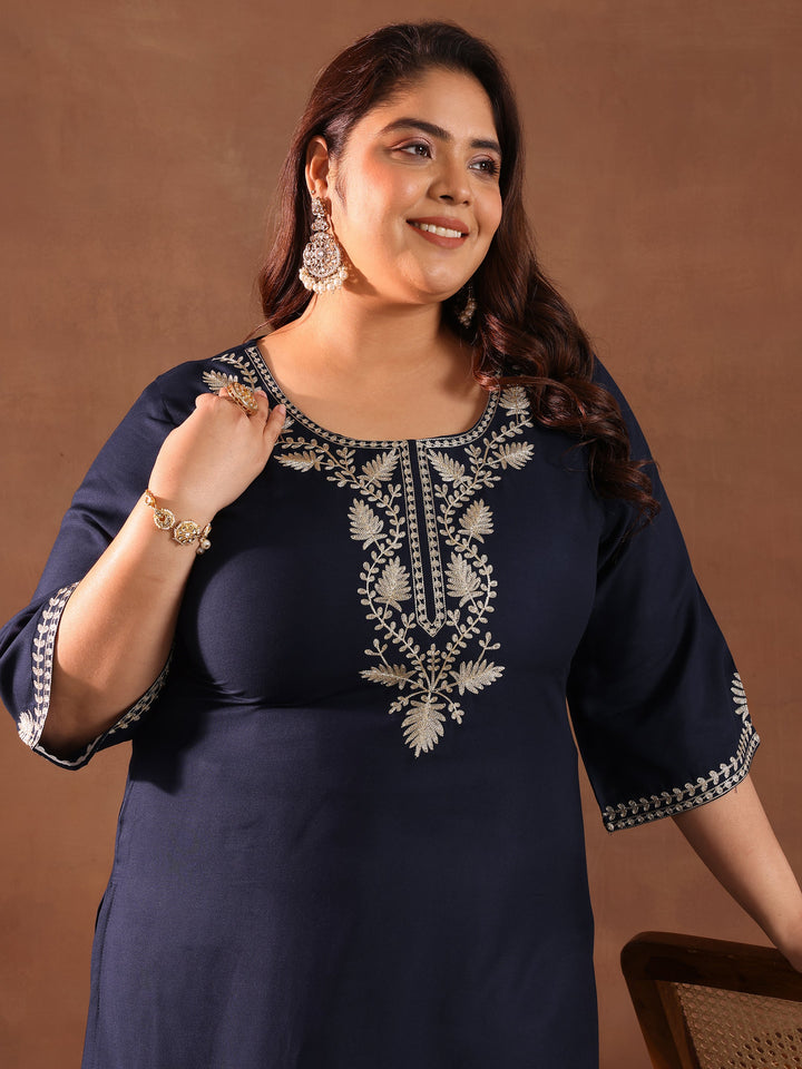 Plus Size Blue Yoke Design Rayon Kurta