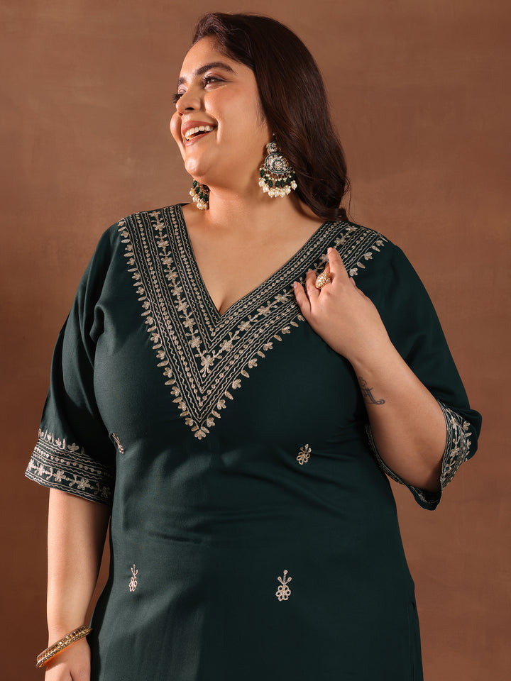 Plus Size Green Embroidered Rayon Straight Kurta