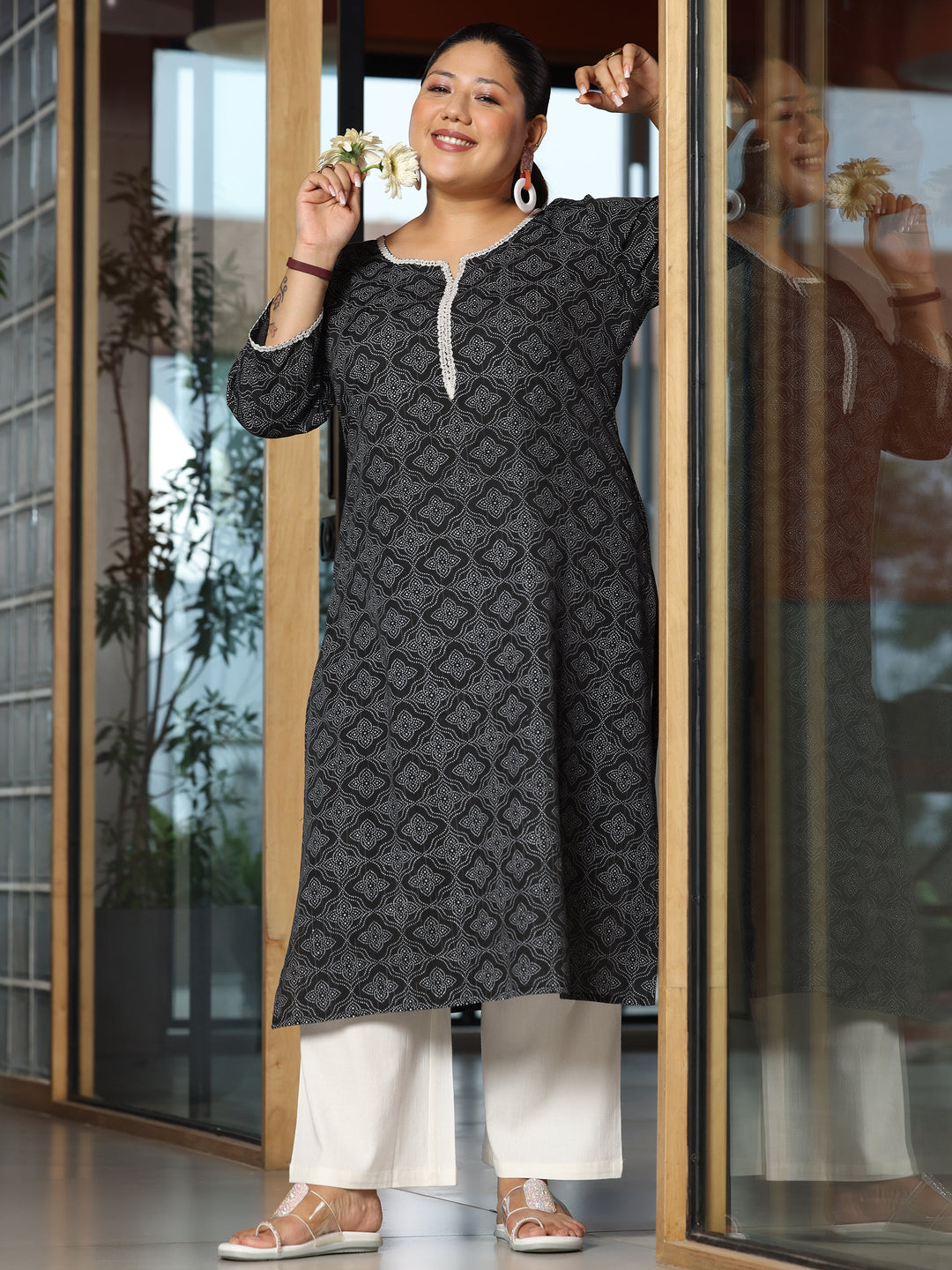 Plus Size Black Printed Cotton Straight Kurta